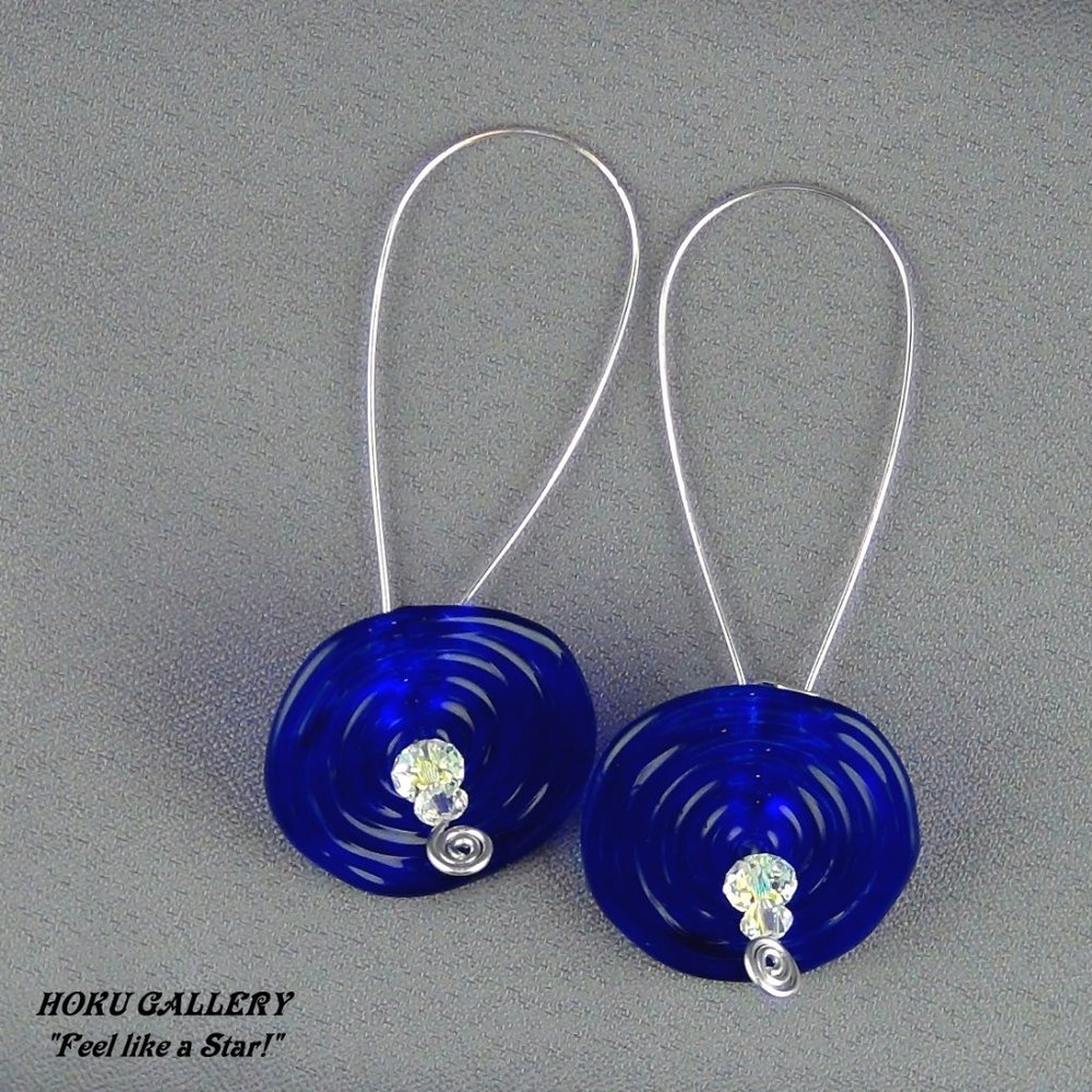 NWOT Earrings Blue Glass Disks Austria Crystals SS Ear wires, Handmade 3" long